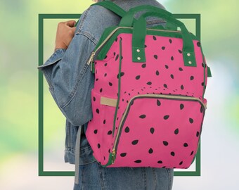 Baby Diaper Backpack Bag Pink Watermelon Print Everyday on-the-go Backpack Beach Vacation Travel Versatile Diaper Tote & Baby Gear