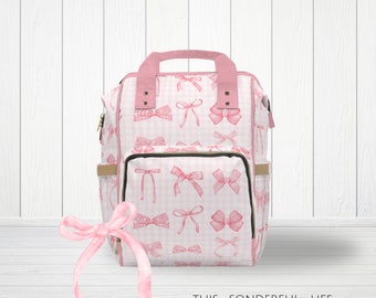 Coquette Diaper Backpack Bag Pink Ribbon Bows Gingham Multi-Purpose Girly Coquettecore Everyday Travel Backpack Diaper Tote & Baby Gear