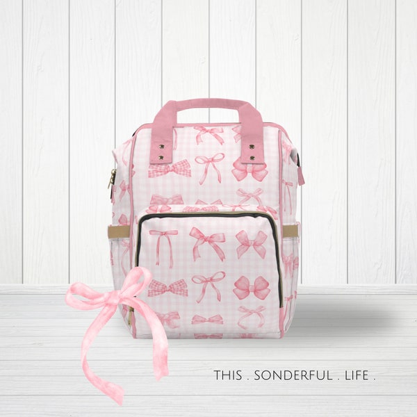 Coquette Diaper Backpack Bag Pink Ribbon Bows Gingham Multi-Purpose Girly Coquettecore Everyday Travel Backpack Diaper Tote & Baby Gear