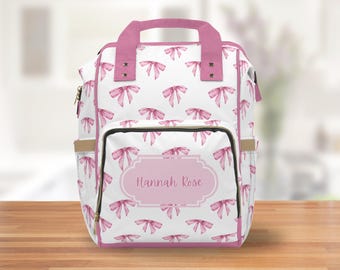 Personalisierte Name Kokette Baby Mädchen Windel Tasche Rucksack Rosa Band Bögen Mehrzweck-Rucksack Alltag Urlaub Travel Tote & Baby-Ausrüstung