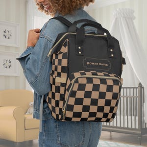 Personalized Baby Diaper Bag Backpack Checkerboard Black & Tan Custom Newborn Boy Hospital Baby Shower Gift Vacation Travel Tote