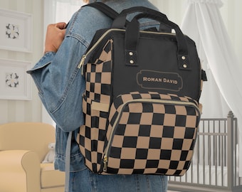 Mochila personalizada para pañales de bebé, diseño de cuadros en negro y tostado, ideal para recién nacidos, para hospital, regalo de baby shower, vacaciones, viajes.