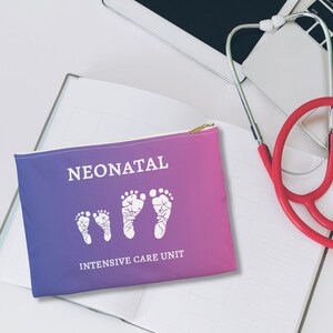 May include: A purple and pink zippered pouch with the text "Neonatal Intensive Care Unit" and a graphic of three white baby footprints.