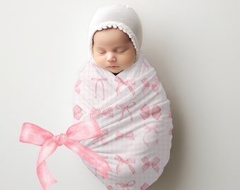Coquette Pink Ribbon Bows and Gingham Newborn Baby Swaddle Blanket Coquette nursery baby room decor Girly Girl Cottagecore & Coquettecore