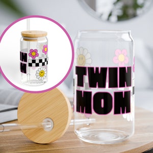 Twin Mom Two Girls Twins Pink NICU Mommy of multiples glass beer can cup mug tumbler Mother&#39;s Day Gift straw coffee cup bamboo lid 16oz