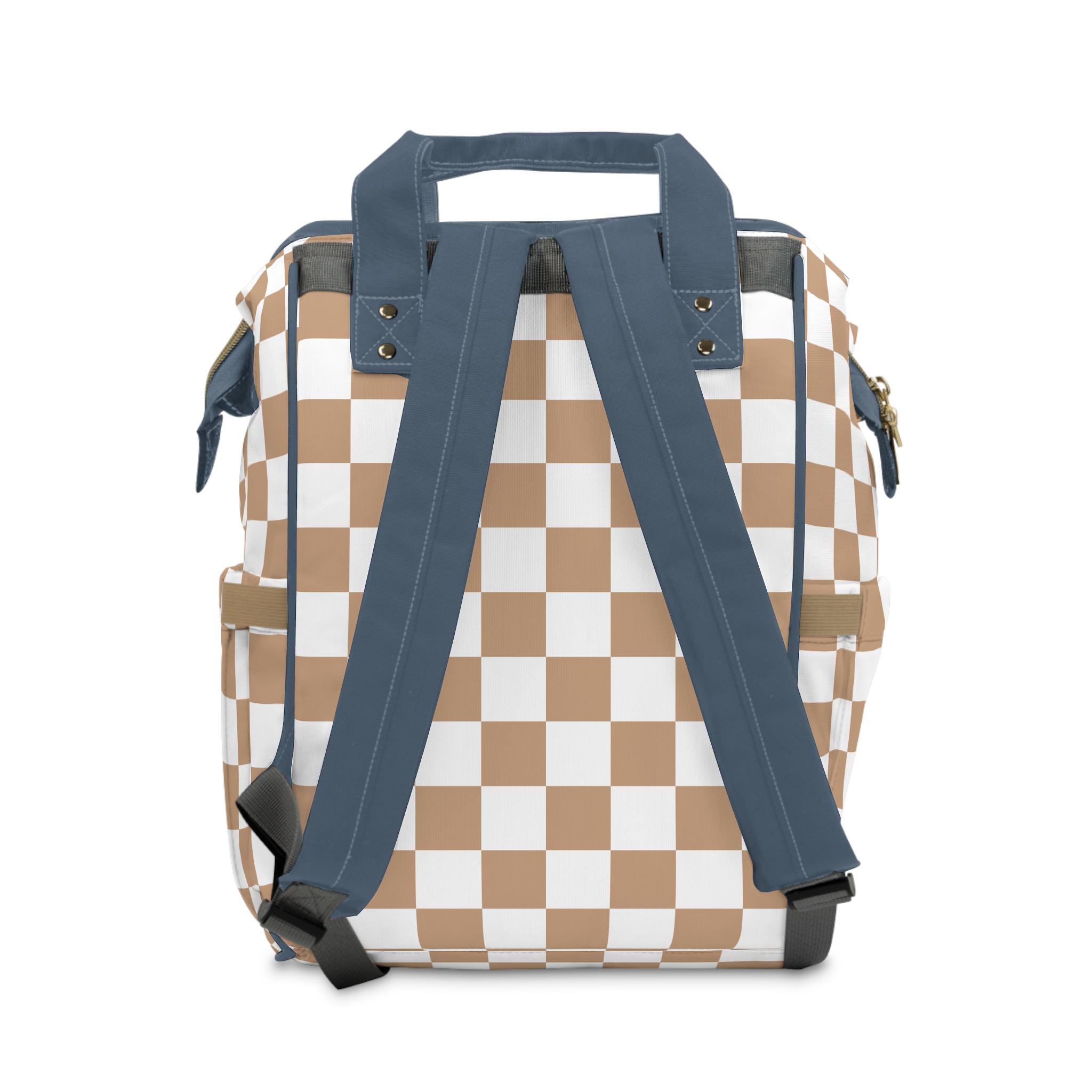 Checkered Baby Diaper Backpack Bag Tan Checkerboard Dark Blue Trim