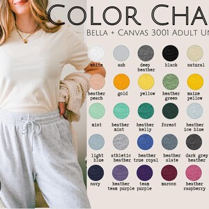 Op de afbeelding: Kleurenkaart voor Bella + Canvas 3001 unisex T-shirts voor volwassenen. De kaart toont een verscheidenheid aan kleuren, waaronder wit, as, donker grijs melange, zwart, naturel, zilver, perzik melange, goud, geel, grijs melange groen, maisgeel, leger, mint, grijs melange mint, grijs melange kelly, bos, grijs melange ijsblauw, babyblauw, lichtblauw, atletisch grijs melange, grijs melange koninklijkblauw, grijs melange leisteen, donker grijs melange, grijs melange marine, marine, grijs melange team paars, team paars, donkerrood, grijs melange framboos en rood.