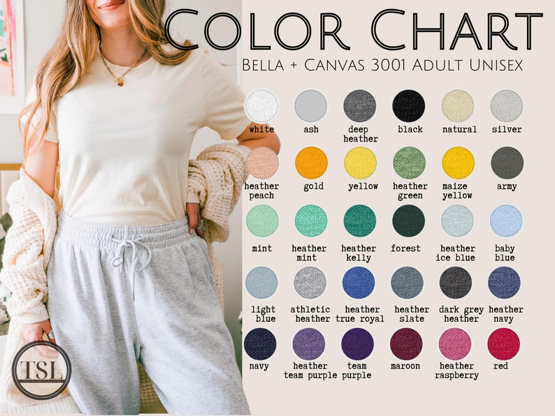 Op de afbeelding: Kleurenkaart voor Bella + Canvas 3001 unisex T-shirts voor volwassenen. De kaart toont een verscheidenheid aan kleuren, waaronder wit, as, donker grijs melange, zwart, naturel, zilver, perzik melange, goud, geel, grijs melange groen, maisgeel, leger, mint, grijs melange mint, grijs melange kelly, bos, grijs melange ijsblauw, babyblauw, lichtblauw, atletisch grijs melange, grijs melange koninklijkblauw, grijs melange leisteen, donker grijs melange, grijs melange marine, marine, grijs melange team paars, team paars, donkerrood, grijs melange framboos en rood.