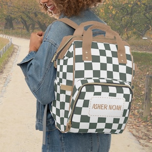 Dark Green Neutral Checkered Baby Diaper Backpack Bag Checkerboard Checked Pattern Multi-Purpose Newborn Tote Everyday Vacation Travel