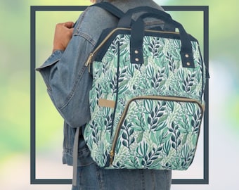 Mochila para pañales para bebé, bolsa de viaje y vacaciones multiusos con diseño de hojas verdes, planta de moda para todos los días, bolso para pañales y bebé versátil