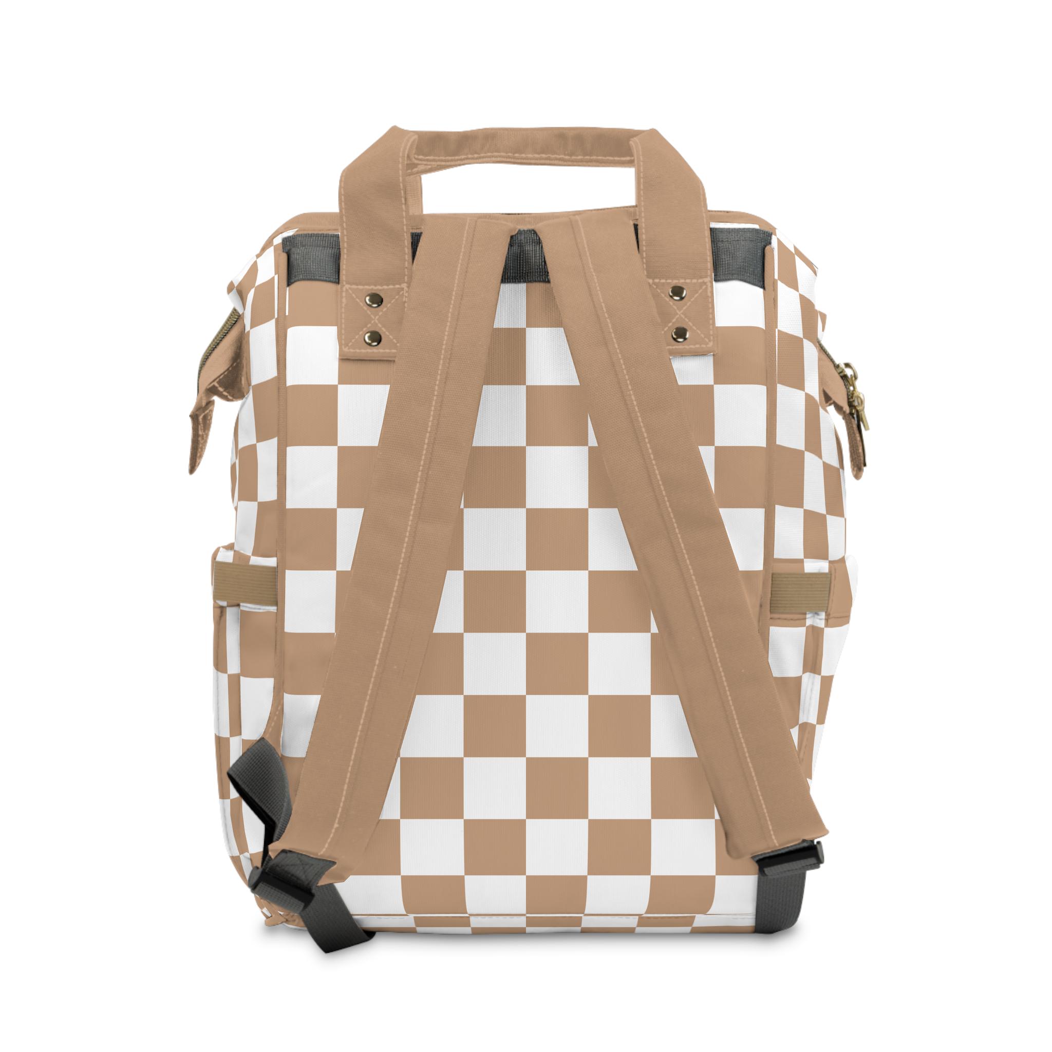 Tan Neutral Checkered Baby Diaper Backpack Bag Checkerboard