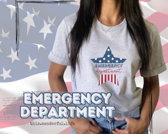 Patriotic Emergency Department Nurse 4th of July T-Shirt Fourth of July ED RN ER Shirt All American Flag Adult Short Sleeve Tee