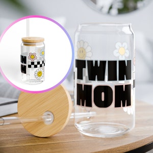 Twin Mom Boy Girl Twins Pink Blue NICU Mommy multiples glass beer can cup mug tumbler Mother&#39;s Day Gift straw coffee cup bamboo lid 16oz