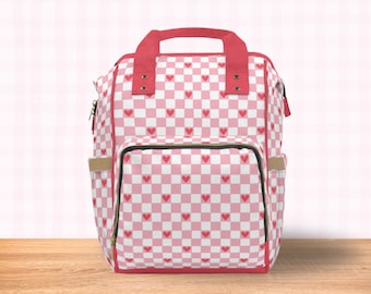 Baby Diaper Backpack Bag Pink Checkered Print Red Hearts Girly Checkerboard Multi-Purpose Everyday Vacation Travel Diaper Tote Baby Gear