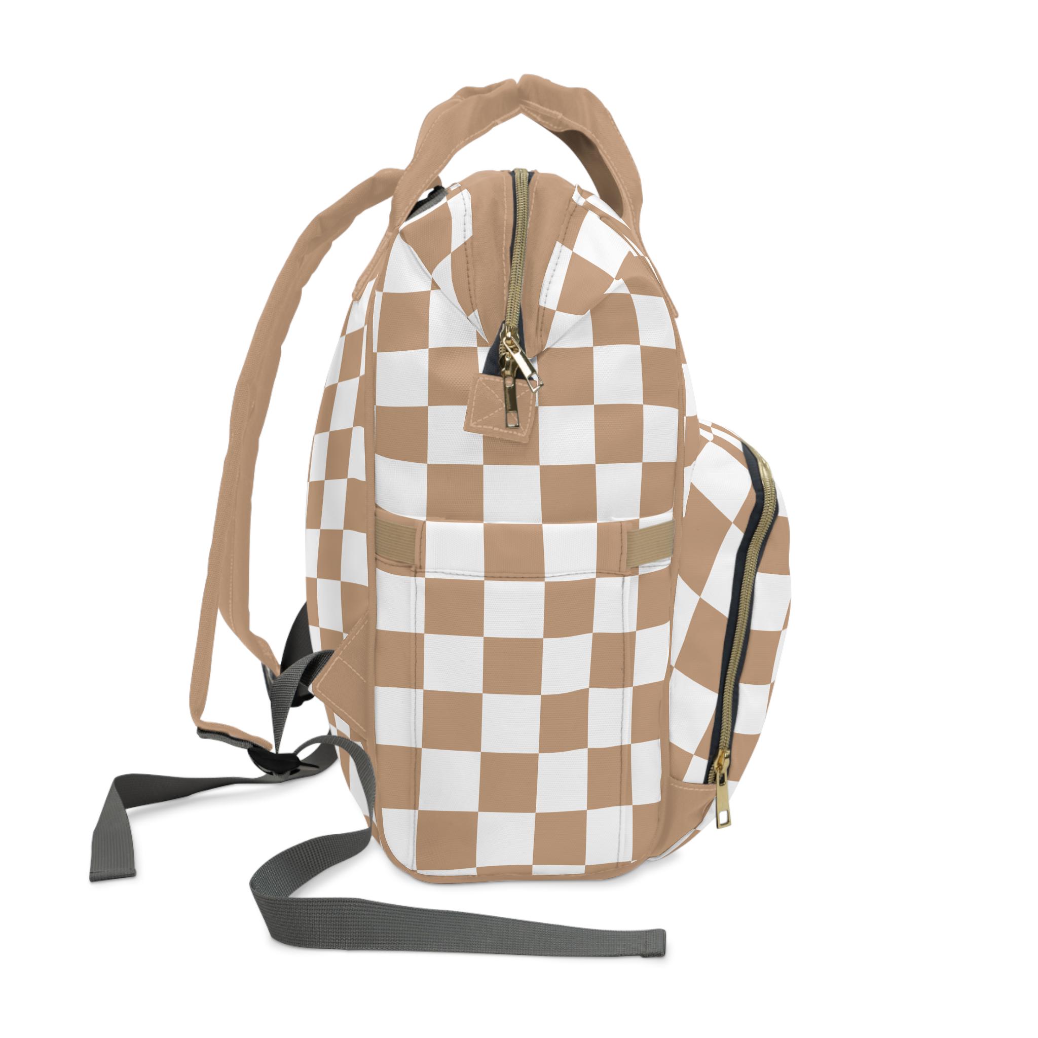 Tan Neutral Checkered Baby Diaper Backpack Bag Checkerboard