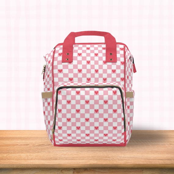 Baby Diaper Backpack Bag Pink Checkered Print Red Hearts  display picture 2