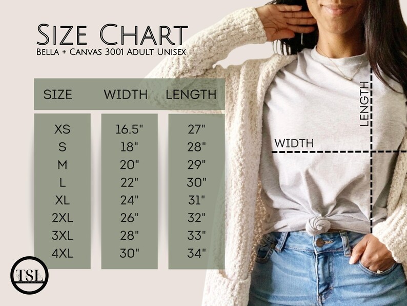 Op de afbeelding: Maattabel voor Bella + Canvas 3001 unisex volwassen T-shirts. De tabel toont de breedte- en lengtemaat in inches voor maten XS tot 4XL.