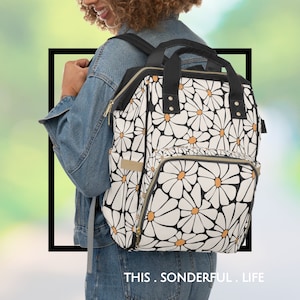 Baby Diaper Backpack Bag Black White Retro Daisy Multi-Purpose Daisies Everyday Bag or Vacation Travel Versatile Diaper Tote & Baby Gear
