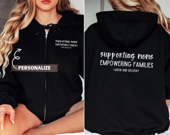 Sala de partos LDR Zip Up Sudadera con capucha L&D Enfermera Chaqueta Madre Bebé Unidad Labor Doula Partera Cremallera completa Sudadera con capucha Adulto Unisex