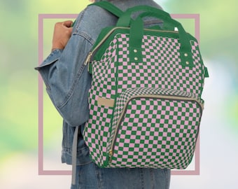 Baby-Windel-Rucksack-Beutel rosa Kelly Grün kariert Schachbrett Mehrzweck-Alltag Urlaub Reise Vielseitig Windel Tote & Baby-Ausrüstung