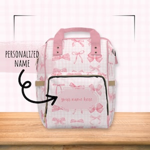 Personalisierte Name Baby Windel Rucksack Tasche Coquette Pink Ribbon Bögen Gingham Mehrzweck Benutzerdefinierte Girly Coquettecore Jeden Tag Reise Tote