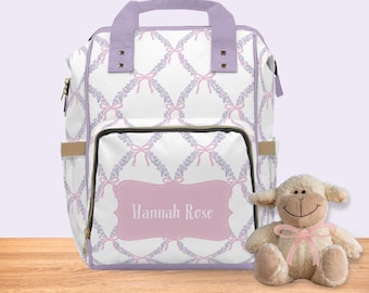 Personalized Name Baby Girl Diaper Backpack Bag Purple Floral Coquette Ribbon Vacation Travel Backpack Multi-purpose Tote Baby Gear Hospital