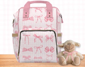 Coquette Diaper Backpack Bag Pink Ribbon Bows Gingham Multi