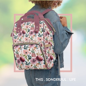 Baby Diaper Backpack Bag Pink Floral Multi-Purpose Flower Vacation Travel Bag  Everyday Backpack Trendy Versatile Diaper Tote & Baby Gear