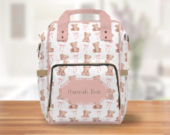 Personalisierte Name Kokette Teddy Bär Baby Mädchen Windel Tasche Rucksack Rosa Band Bögen Mehrzweck Alltag Rucksack Urlaub Reise Tote