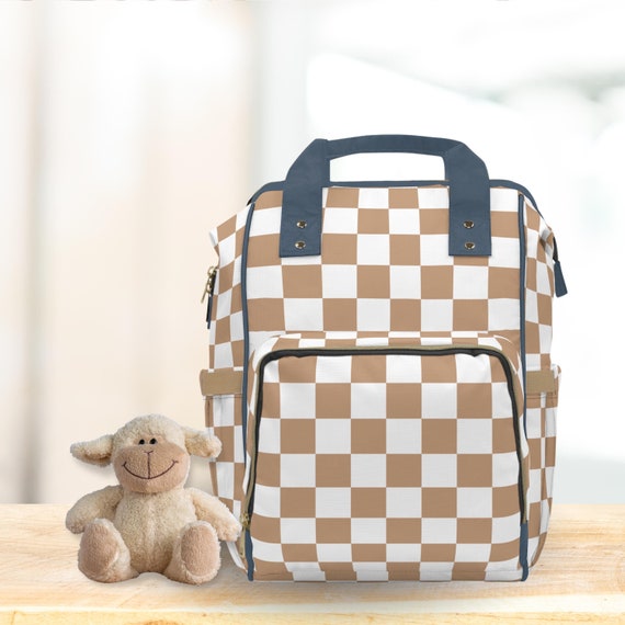 Checkered Baby Diaper Backpack Bag Tan Checkerboard Dark  display picture 3