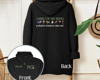 PICU Zip Up Kapuzen-Sweatshirt Pädiatrische Intensivstation Krankenschwester RN Atemtherapeutin Full Zipper Hoodie Jacke Caring Tiny Heroes