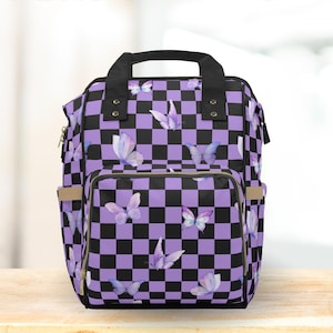 Butterfly Checkerboard Purple Baby Diaper Backpack Bag Black Checkered Multi-Purpose Vacation Travel Bag Versatile Diaper Tote Baby Gear