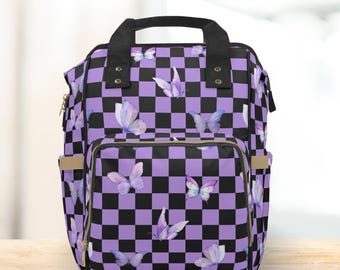 Butterfly Checkerboard Purple Baby Diaper Backpack Bag Black Checkered Multi-Purpose Vacation Travel Bag Versatile Diaper Tote Baby Gear