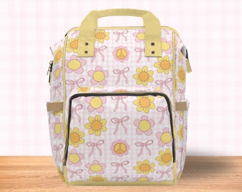 Coquette Baby Diaper Backpack Bag Retro Daisy Pink Ribbon Bows Multi-Purpose Newborn Gingham Everyday Vacation Travel Diaper Tote Gear