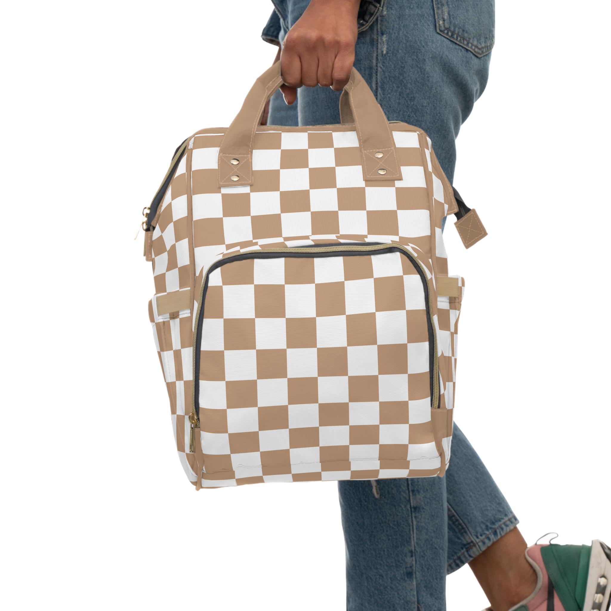 Tan Neutral Checkered Baby Diaper Backpack Bag Checkerboard  display picture 2