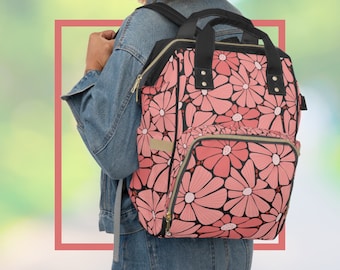 Sac à dos à langer pour bébé, rétro, fleurs roses, marguerites polyvalentes pour tous les jours, marguerites florales, vacances, voyage, fourre-tout à couches polyvalent et équipement pour bébé