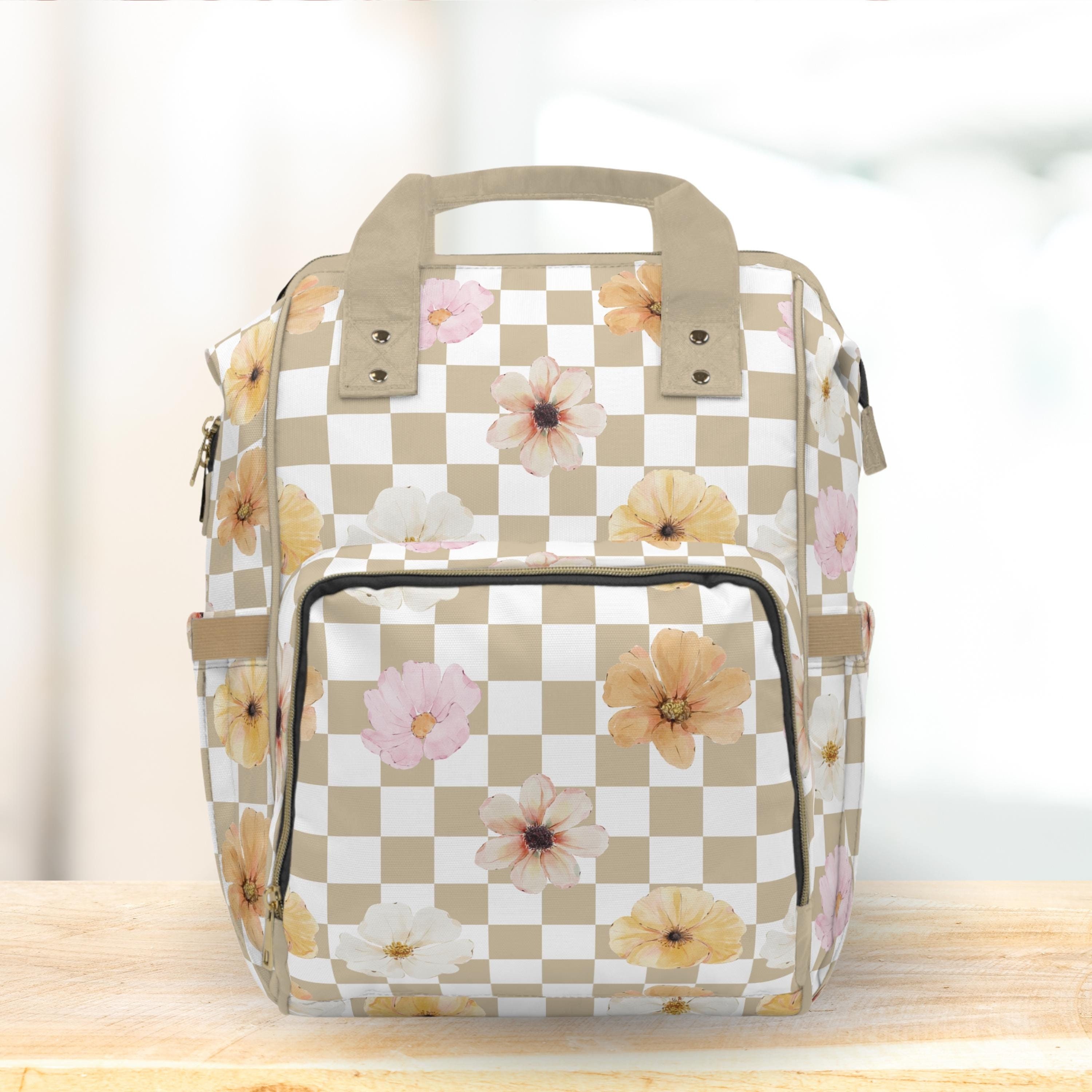 Floral Checkered Baby Diaper Backpack Bag Checkerboard Tan