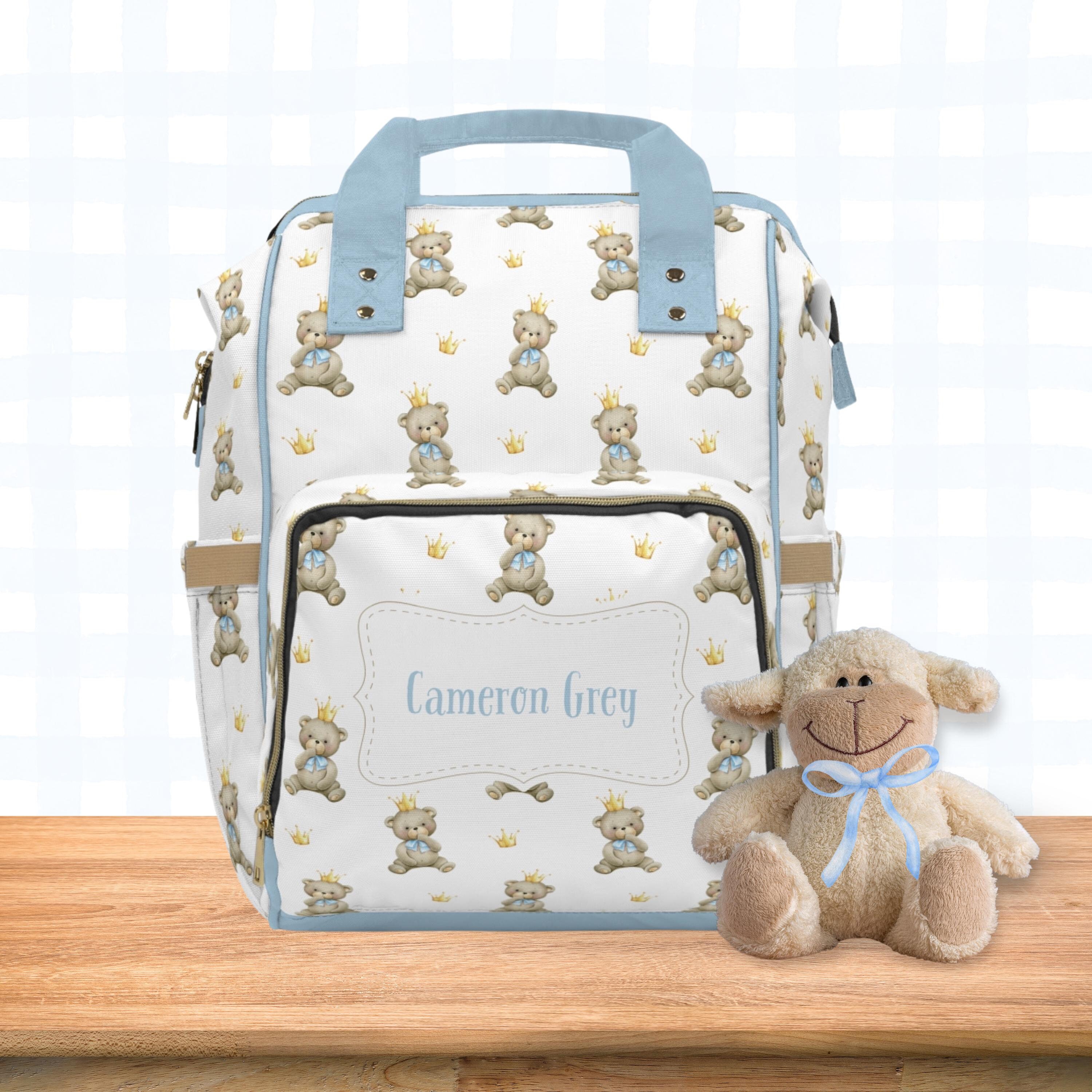 Personalized Name Baby Boy Diaper Backpack Bag Blue Teddy Bear Prince Gear Tote Vacation Travel Backpack Multi-purpose Everyday Hospital Bag