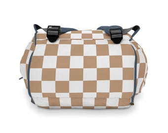 Checkered Baby Diaper Backpack Bag Tan Checkerboard Dark Blue Trim