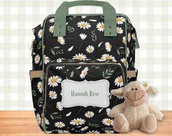 Personalized Name Diaper Backpack Bag Black floral Daisies Daisy Flower Vacation Travel Backpack Multi-purpose Everyday Tote Baby Hospital