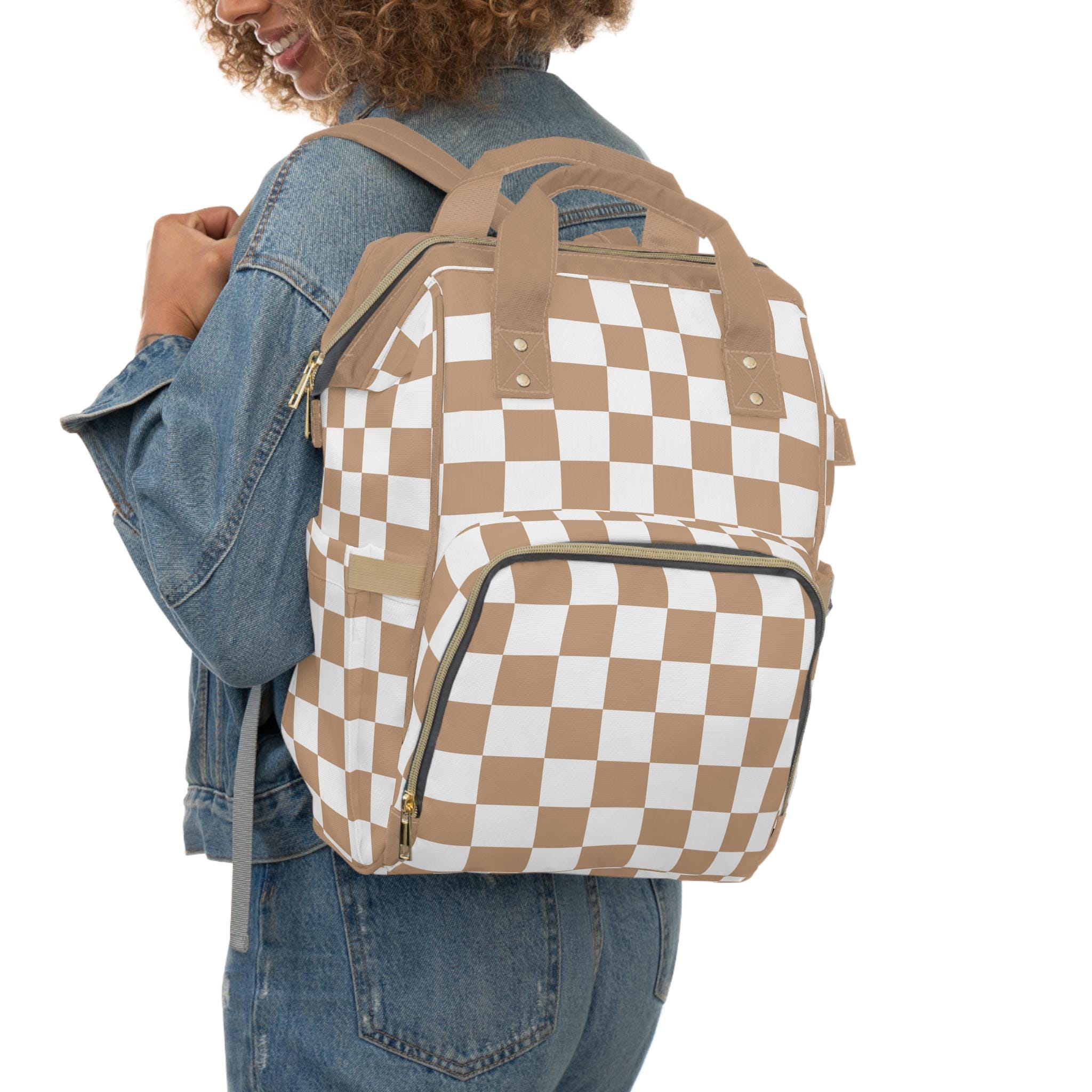 Tan Neutral Checkered Baby Diaper Backpack Bag Checkerboard  display picture 1
