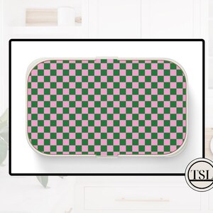 Bento Lunch Box Set with cutlery adults kids Meals Prepping Planning for work school daycare Pink Green Checkerboard Microwave Safe BPA Free