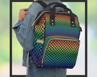 Baby Diaper Backpack Bag Rainbow Black Checkerboard Multi-Purpose Pride Vacation Travel Bag Everyday Versatile Diaper Tote & Baby