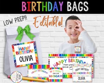 Cumpleaños en el aula / Regalos de cumpleaños para estudiantes / Imprimibles / Bolsas de golosinas / Editable / Regalos de cumpleaños para estudiantes