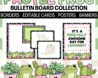 Pastel Frog Themed Decor Bundle | Editable Cards-Poster-Banner-Borders-Name Tags | Printable Bulletin Board | Kindergarten Classroom Pre-K