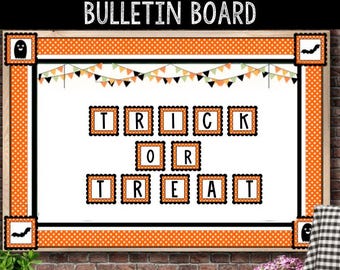 Bacheca di ottobre / Espositore per porte di Halloween / Decorazioni per l'aula "dolcetto o scherzetto" / Aula arancione-nera / Decorazioni di zucca / Stampabili