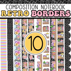 Può includere: Un set di 10 bordi per quaderni di composizione stampabili in stile retrò. I bordi presentano una varietà di disegni, tra cui facce sorridenti, libri e fiori. I bordi sono in nero, bianco, rosa, giallo e blu.