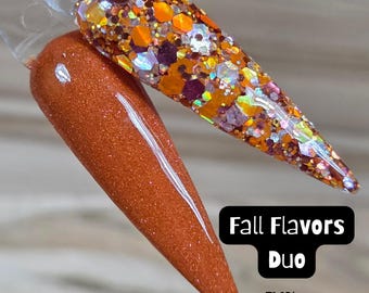 Zestaw pudrów do paznokci Fall Flavors Orange Nail Dip Duo w słoiczku o pojemności 0,25 uncji, z pomarańczowym połyskiem i dużą ilością holograficznego brokatu