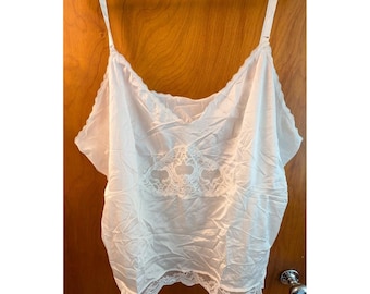 Women's Vintage 1970s Plus White Nylon Silky Camisole Top Lace Accent Size 4X