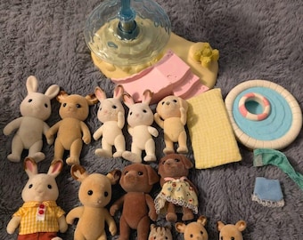 Vintage Calico Critters Velvet Animals Figures Lot & Seaside Merry Go Round Set